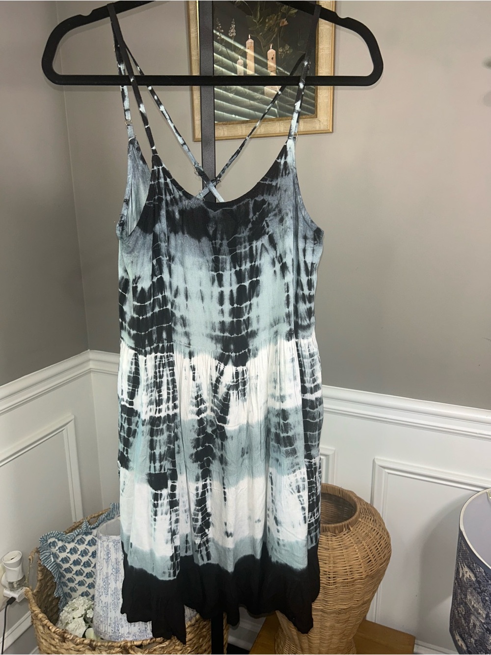 Beach By Exist Black, White & Light Blue/gray Tie-Dye Mini Dress